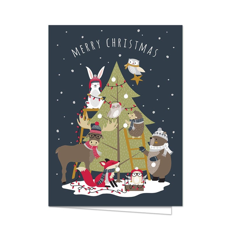 Canopy Street All Together Christmas Cards / 25 Forest Animals Holiday Greeting Cards / 4 5/8" x 6 1/4" Woodland Animal Merry Christmas Evergreen Tree Note Cards With Inside Verse - Image 1